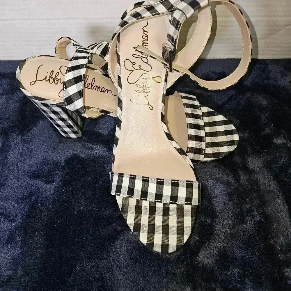 Libby Edelman Women's Strappy Gingham Block Check Heel Platform Sandals Sz 8